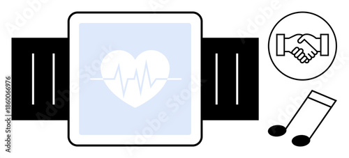 Smartwatch concept. Smartwatch with heart rate monitor health tracking. Smartwatch also features handshake and music note icons connectivity and entertainment. Use for fitness, technology, health
