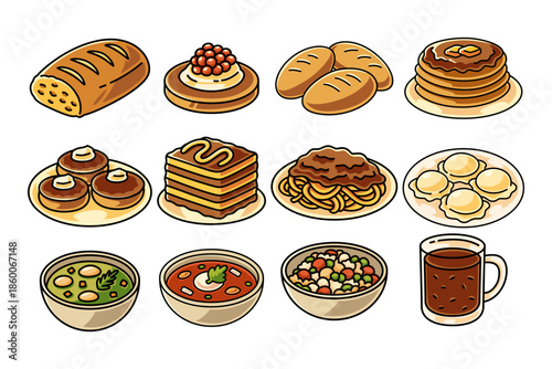 wheat loaf, pancake with cream, bread roll, pancake with syrup, donut, honey cake, spaghetti, dumpling, soups, salad, hot coffee colorful illustration icon element design set for restaurant and cafes