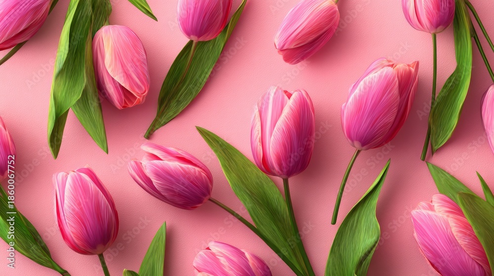 Fototapeta premium Bouquet of Pink Tulips with Green Leaves on Solid Pastel Background for Spring Floral Design, Nature Concepts, and Decorative Visual Projects