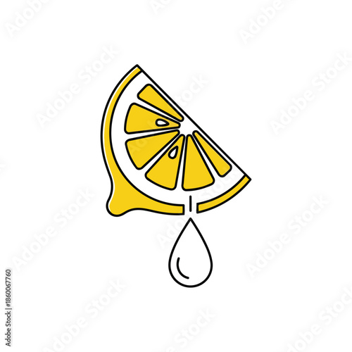 Vibrant yellow lemon slice illustration with a single drop of juice falling isolated on a clean white background embodying freshness and zest for culinary or beverage concepts
