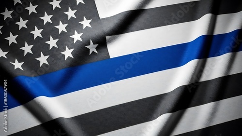 Thin Blue Line American Flag Waving in the Wind, Symbolizing Support for Law Enforcement and Police Officers.