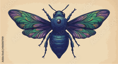 Detailed Illustration of a Large Blue and Green Carpenter Bee.