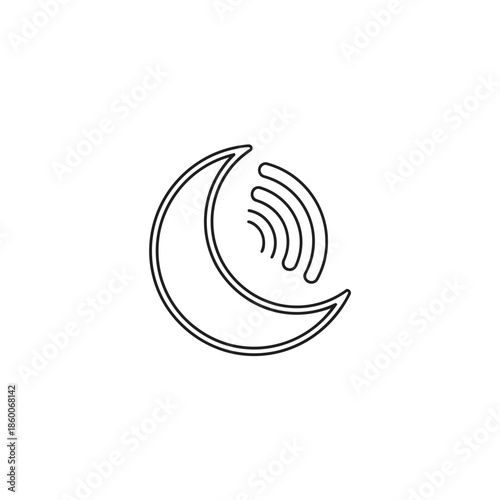 Abstract crescent moon icon with radiating signal waves symbolizing night communication digital broadcast or nocturnal connectivity isolated on a clean white background for modern
