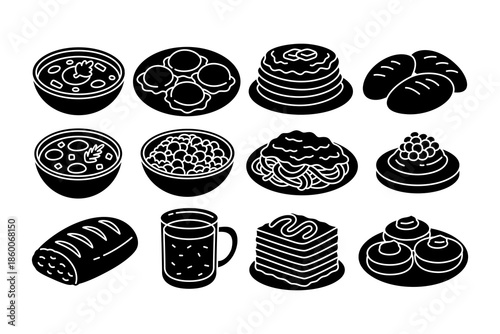 vegetable soup, dim sum, pancake with butter, buns, bean salad, pasta curry, waffle with berries, bread loaf, ice chocolate, lasagna, donut with cream silhouette icon element design set for restaurant