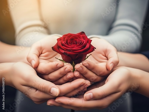 Gentle Hands Holding Dark Red Rose, Intimate Romantic Gesture, Love and Care Concept for Gifting and Connection