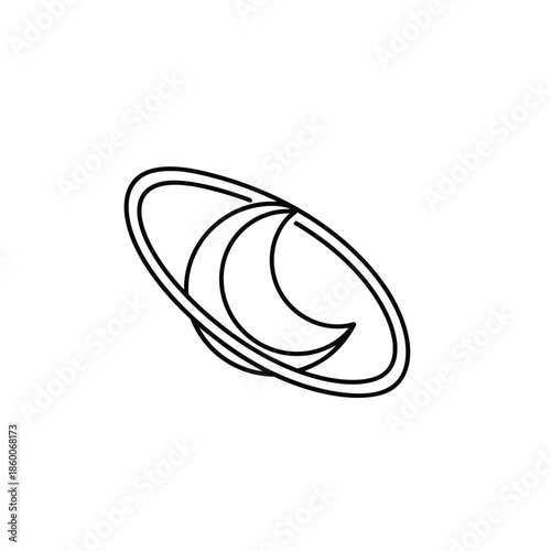 Stylized crescent moon encircled by a planetary ring rendered in a minimalist clean line art style with a simple isolated white background evoking cosmic wonder and celestial