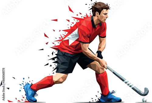 Dynamic red field hockey player in low poly geometric art style with shattering effect isolated on white background.
