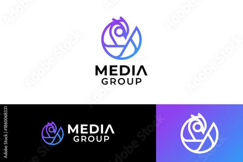 Owl with camera aperture modern logo design set for media. Peacock bird with lens camera outline minimalist logo design for creative studio. Photography, Studio, Digital content, Entertainment