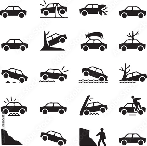 Car accident and crash icons in black and white