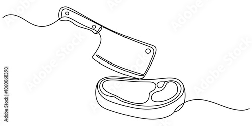 Vintage engraving of butcher's cleaver and steak  continuous one line drawing,  self drawing of One line of butcher knife. Abstract minimal continuous line. Grilled beef steak tender.