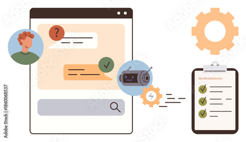Chatbot interface with conversation bubbles, user avatar, and checklist. Ideal for automation, productivity, communication, AI applications, support services task tracking teamwork. Simple flat