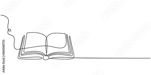 Opened book with flying page and stars in one continuous line drawing, symbolizing magic of reading, Continuous one line drawing of book opening vector graphic illustration. Education books line art
