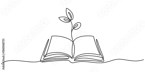 Opened book with sprout plant continuous one line drawing, Opened book with sprout plant in one continuous line drawing . Education study and knowledge concept in simple linear style. Growing wisdom