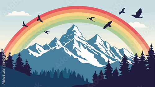 Vibrant rainbow arches over majestic snowy mountain landscape with birds