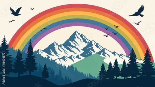 Vibrant rainbow arches over majestic snowy mountain landscape with lush trees and flying birds