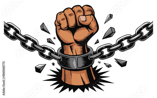 Empowering fist breaking free from chains symbolizing freedom and strength