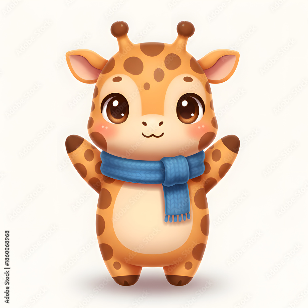 Fototapeta premium Charming and adorable cartoon baby giraffe illustration, wearing a cozy blue scarf, rendered with delightful digital artistry, ideal for playful designs and children's content