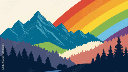 Vibrant rainbow over majestic mountain landscape with pine trees