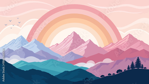 Vibrant mountain landscape with stunning rainbow at sunrise