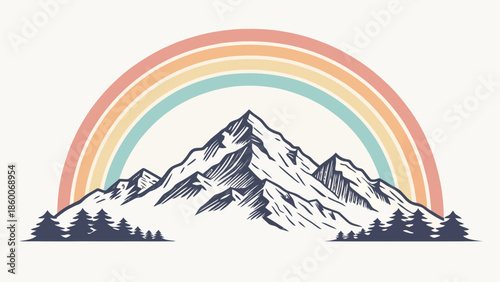 Vibrant rainbow over majestic mountain landscape with pine trees