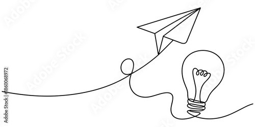 Paper plane flying up connected with light bulb continuous one line drawing. Airplane in outline style. Startup business idea concept vector illustration