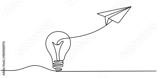 Paper plane flying up connected with light bulb continuous one line drawing. Airplane in outline style. Startup business idea concept vector illustration