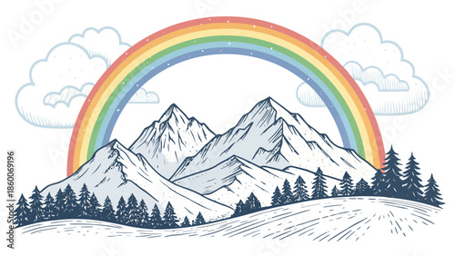 Vibrant rainbow over majestic snow-capped mountains with evergreen trees