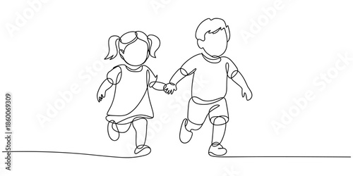 one continuous single line drawing of a toddler girl and boy running hand in hand illustration. 