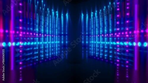 Symmetrical Blue & Magenta LED Light Wall Tunnel with Reflective Floor, Glowing Pixel Dots and Futuristic Sci-Fi Corridor – Cinematic Motion Loop