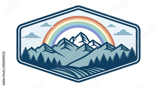 Vibrant mountain landscape with rainbow and pine trees in hexagon frame