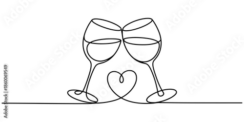 Minimalist one line drawing of two wine glasses clinking in toast forming heart. Perfect for wedding invitations, Valentine’s Day, romantic design