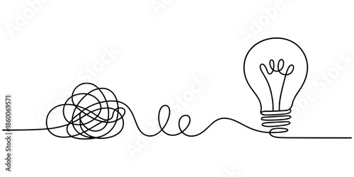 unraveling to glowing light bulb animation continuous one line drawing, Animated One continuous line drawing of tangled and scribble wires with light bulbs. Concept of complex problem solving process