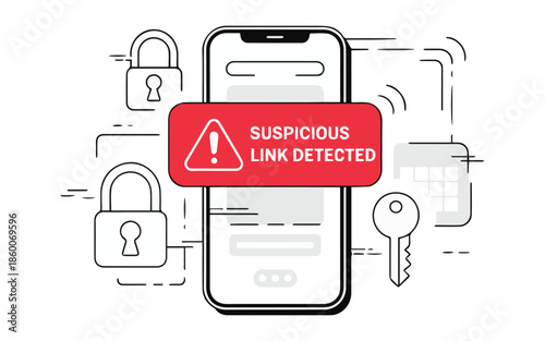Suspicious link detected on mobile device screen with security icons