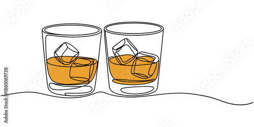 Whiskies and ice, Scotch on the rocks in glasses. Whiskey and soda, Continuous one line drawing vector illustration., Whiskey glass with ice cubes isolated on white background in a minimalist one line