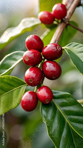 Coffee cherries ripening on branch under sunlight in lush greenery