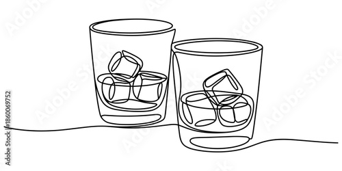 Whiskies and ice, Scotch on the rocks in glasses. Whiskey and soda, Continuous one line drawing vector illustration., Whiskey glass with ice cubes isolated on white background in a minimalist one line