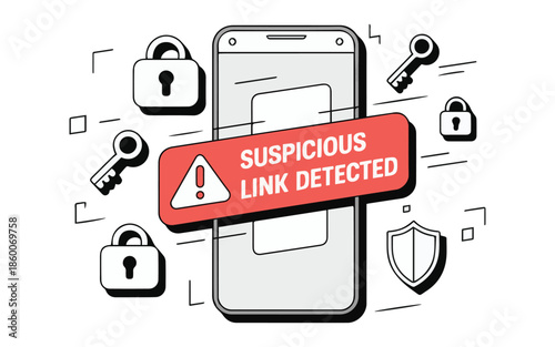 Warning signs of suspicious link on mobile phone screen