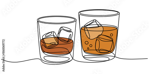Whiskies and ice, Scotch on the rocks in glasses. Whiskey and soda, Continuous one line drawing vector illustration., Whiskey glass with ice cubes isolated on white background in a minimalist one line