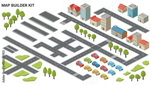 Map elements: road segments (straight, corner, intersection), simple buildings, trees, and cars, designed as a 'Map Builder Kit'.