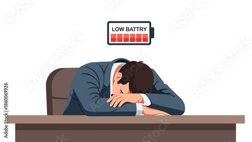 Exhausted office worker sitting at a desk with a 'Low Battery' icon floating above their head