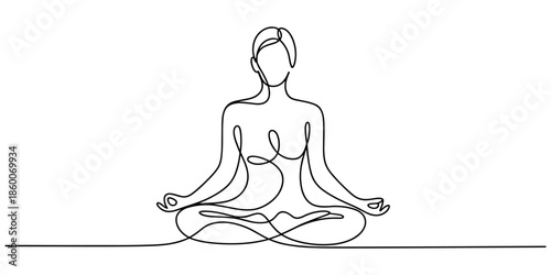 Woman sitting in lotus pose yoga. Continuous one line drawing, Women doing yoga one line drawing. Aerobic sport girl exercise for modern healthy lifestyle, women performing yoga line art.