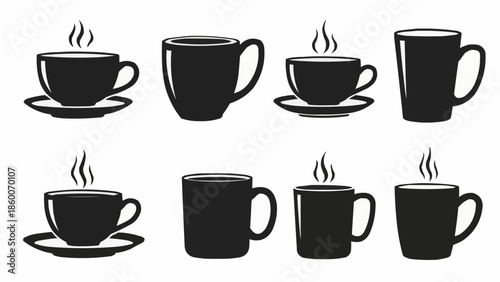 Collection of various coffee cups and mugs with steam.