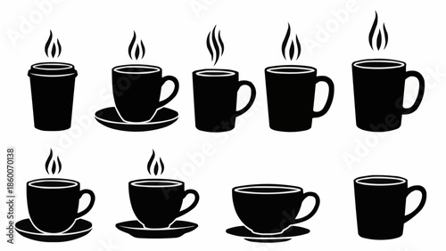 Collection of steaming coffee cups and mugs in silhouette.