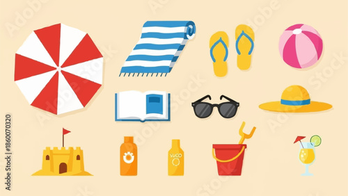 Collection of Summer Beach Vacation Items and Accessories.