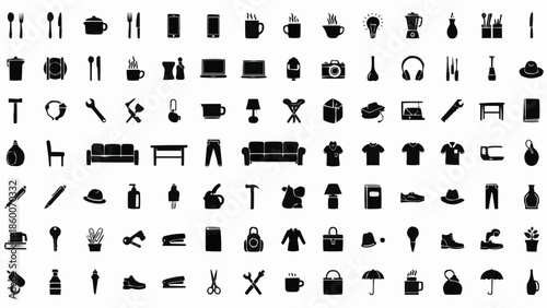 Collection of various black silhouette icons representing everyday objects on white.