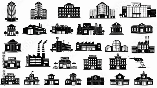 Collection of Various Building Silhouettes Icons.