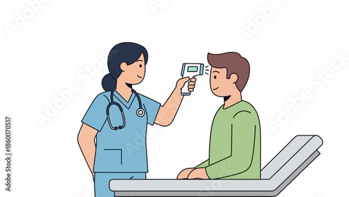 Medical professional conducting a fever screening for a male patient with a non-contact digital thermometer as part of a routine health check-up
