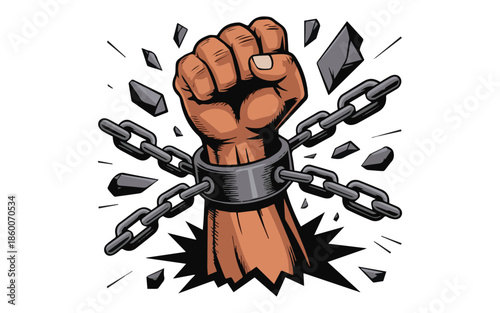 Empowering fist breaking free from chains with dynamic motion and strength