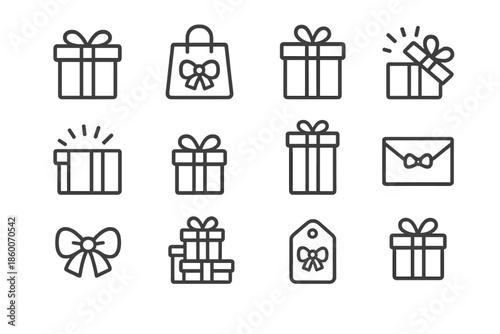 Birthday Gift Icons. Birthday gifts. Line outline icon set of Birthday gifts: gift box, gift bag, ribboned box