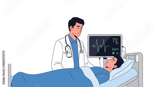 Medical professional diligently monitoring a patient's vital signs and heart rate on a digital display, representing dedicated hospital care, patient recovery, and modern healthcare services